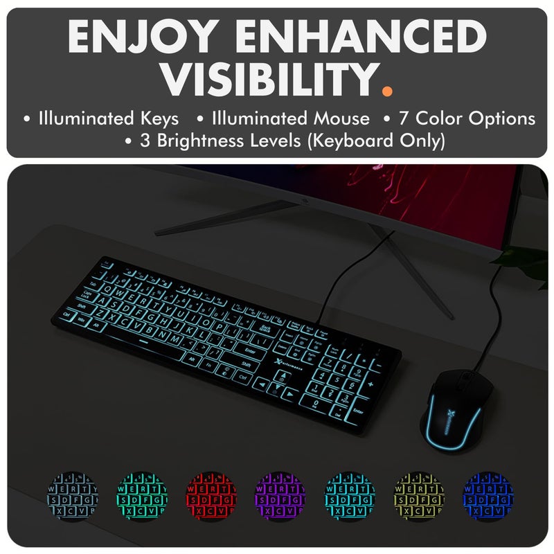 X9 Performance X9 Wired Keyboard and Mouse Combo - Large Print Backlit Keyboard and Mouse for Elderly, Low Vision, Visually Impaired - 7 LED Light Up Color, Lighted Large Letters for Laptop PC Computer USB - Image 5