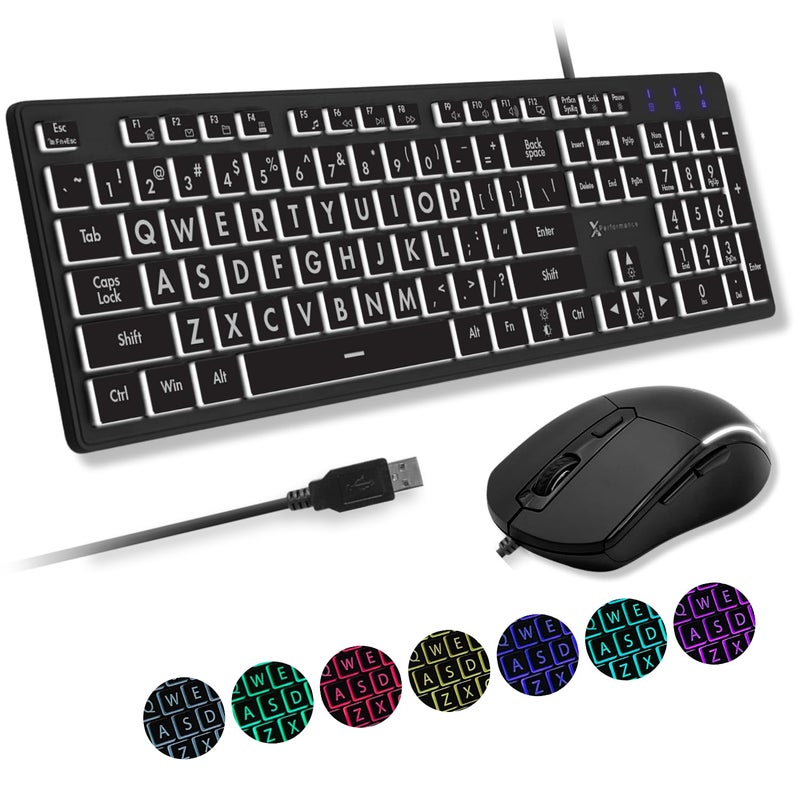 X9 Performance X9 Wired Keyboard and Mouse Combo - Large Print Backlit Keyboard and Mouse for Elderly, Low Vision, Visually Impaired - 7 LED Light Up Color, Lighted Large Letters for Laptop PC Computer USB - Image 1