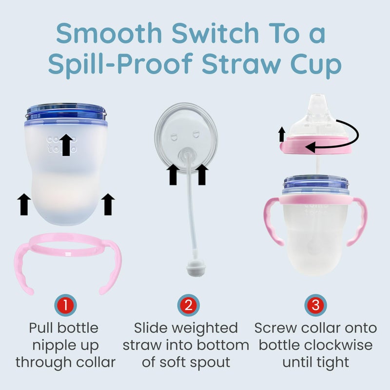 Botabee Pink Soft Spout - Transition Sippy Cup Kit for Comotomo 5 & 8 Oz Bottles - Conversion Kit Fits 5 Ounce & 8 Ounce Bottles - Baby Bottle Nipple with Weighted Straw & Bottle Handles (Pack of 2) - Image 5