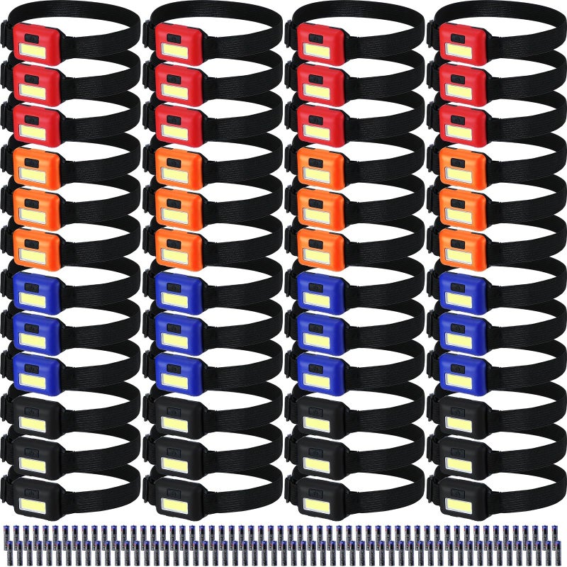 Kittmip 48 Pack LED Headlamp Flashlight Bright Waterproof Head Lamp Torch Cob Flood Head Light Bulk 800 lumens with 3 Modes 144 AAA Batteries for Adult Kids Running Camping Night Survival 4 Colors