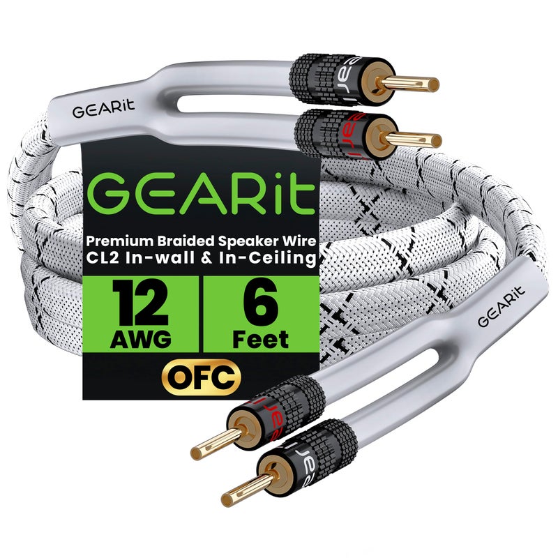 GearIT 12AWG Premium Heavy Duty Braided Speaker Wire (6 Feet) with Dual Gold Plated Banana Plug Tips - Oxygen-Free Copper (OFC) Construction, White - Image 1