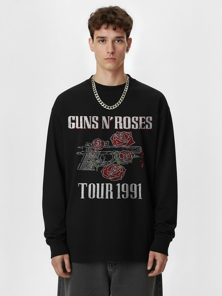 2022 New Short Sleeve T-Shirt Rock Band Guns N'' Roses Hip Hop Retro Washed Do Old Guns Flower TOUR 1991 - Image 4