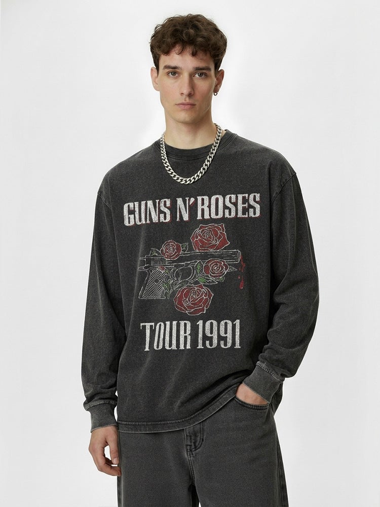 2022 New Short Sleeve T-Shirt Rock Band Guns N'' Roses Hip Hop Retro Washed Do Old Guns Flower TOUR 1991 - Image 5
