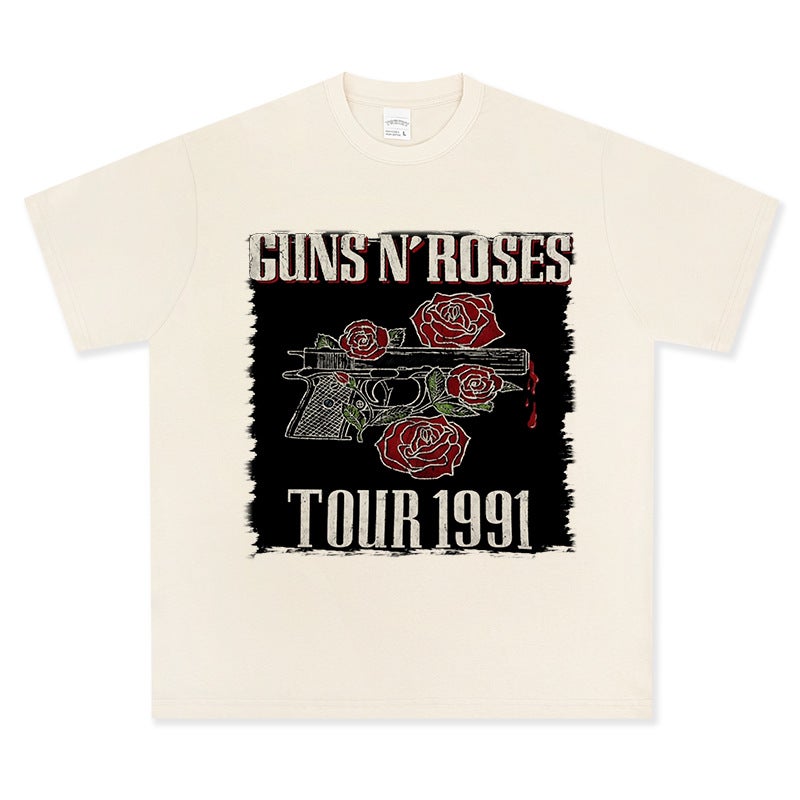 2022 New Short Sleeve T-Shirt Rock Band Guns N'' Roses Hip Hop Retro Washed Do Old Guns Flower TOUR 1991 - Image 1