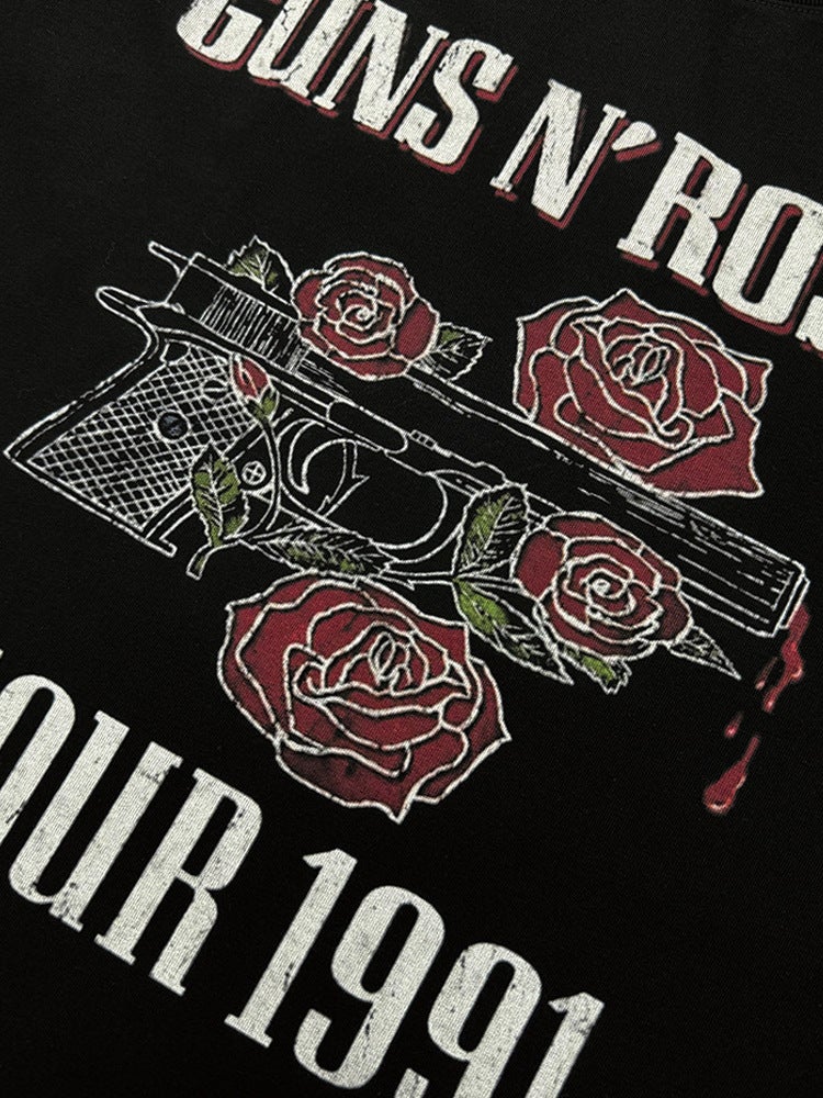 2022 New Short Sleeve T-Shirt Rock Band Guns N'' Roses Hip Hop Retro Washed Do Old Guns Flower TOUR 1991 - Image 3