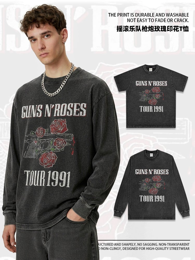 2022 New Short Sleeve T-Shirt Rock Band Guns N'' Roses Hip Hop Retro Washed Do Old Guns Flower TOUR 1991 - Image 2