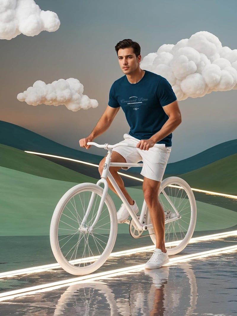 adro تي شيرت ADRO للرجال بقصة عادية - تصميم كلاسيكي بخط هلالي باللون الأزرق الفاتح - Image 5