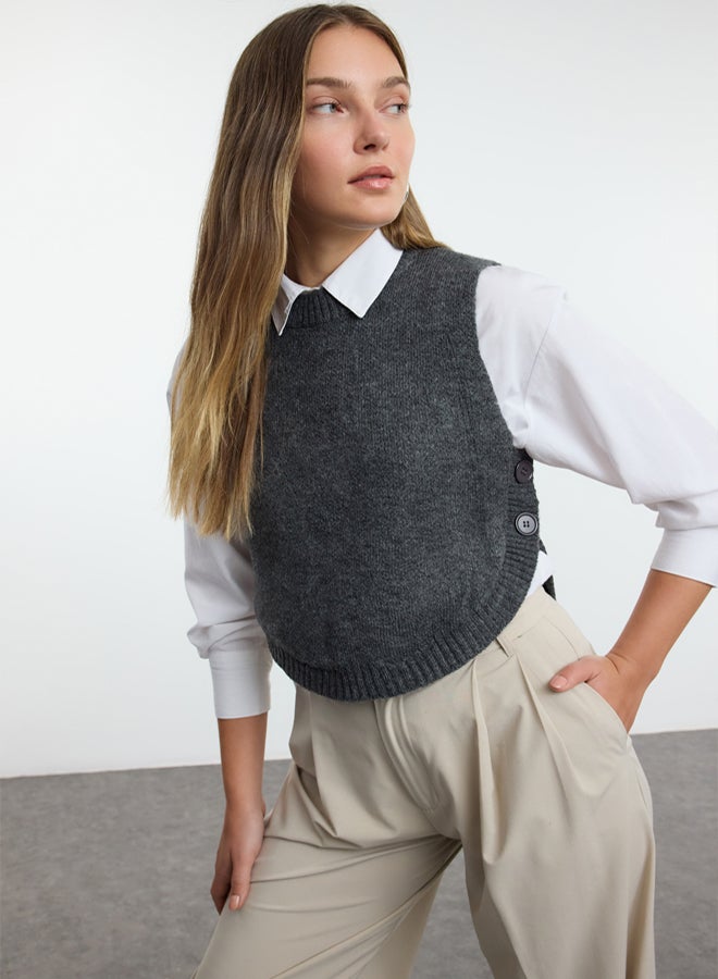 trendyol Soft Textured Anthracite Knitwear Crop Sweater  Buttoned, - Image 1