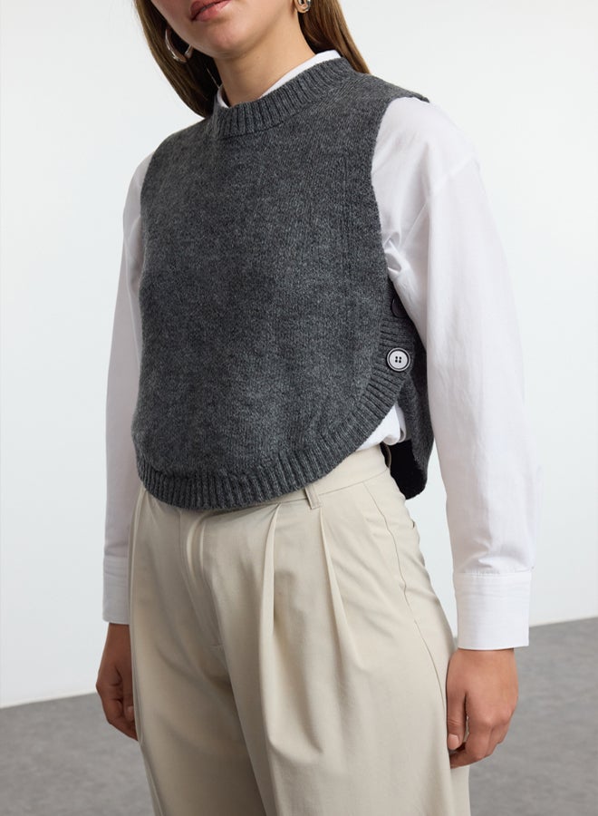 trendyol Soft Textured Anthracite Knitwear Crop Sweater  Buttoned, - Image 3