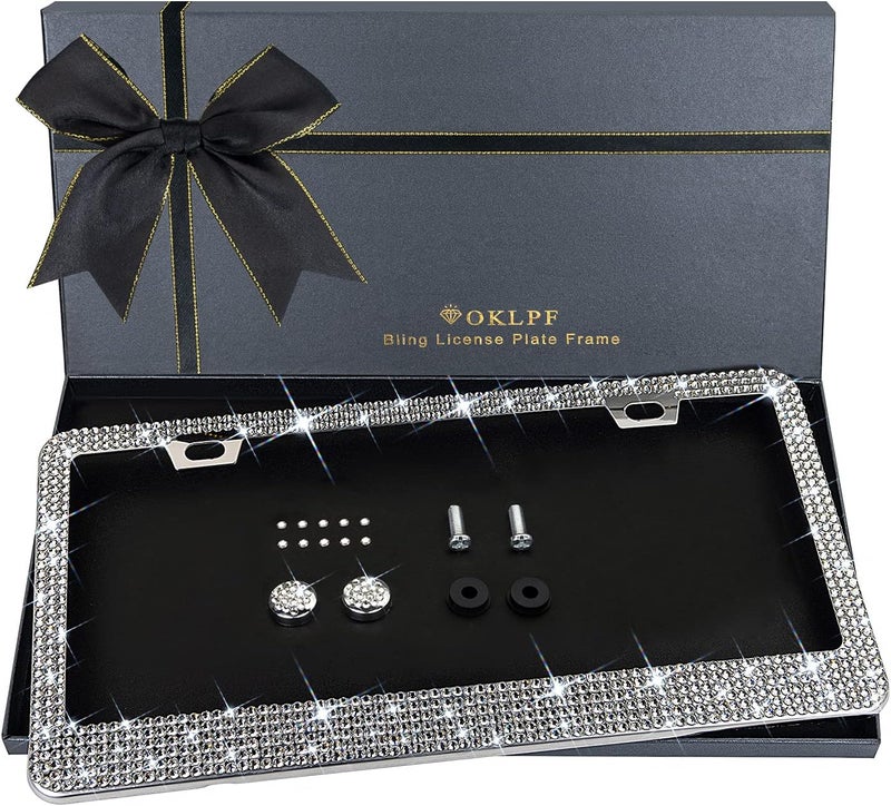 OKLPF Sparkly Bling Stainless Steel License Plate Frames for Women, 1PCS | Over 1000 pcs 14 Facets Bedazzled Clear Glass Diamond Rhinestone Crystals w/Free Glitter Diamond Box (White) - Image 1
