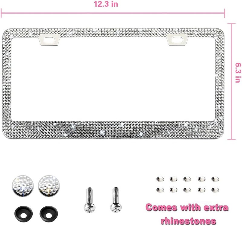 OKLPF Sparkly Bling Stainless Steel License Plate Frames for Women, 1PCS | Over 1000 pcs 14 Facets Bedazzled Clear Glass Diamond Rhinestone Crystals w/Free Glitter Diamond Box (White) - Image 3