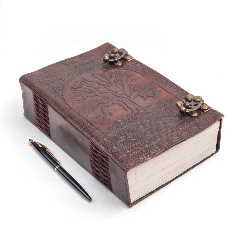 TUZECH 600 Pages Handmade Large Leather Journal Diary Embossed Tree of Life Book Of Shadows Notebook Writing Seven Chakra Grimoire Sketchbook 7 x 10 Leather Bound (Brown) - Image 1