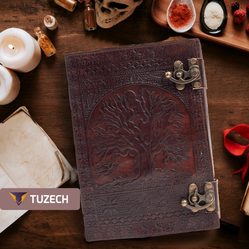 TUZECH 600 Pages Handmade Large Leather Journal Diary Embossed Tree of Life Book Of Shadows Notebook Writing Seven Chakra Grimoire Sketchbook 7 x 10 Leather Bound (Brown) - Image 3