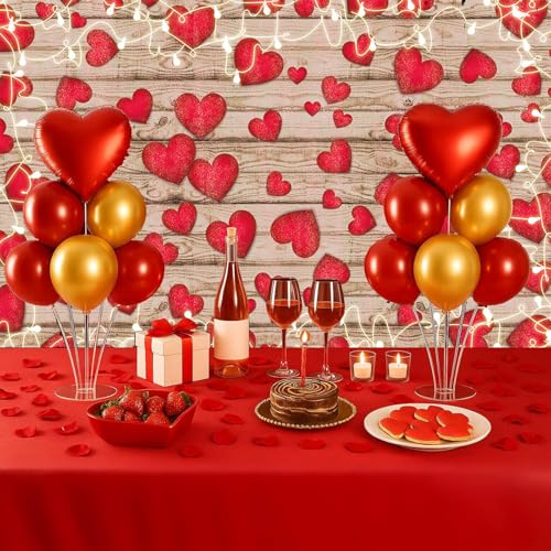 HQM Vintage Rustic Wood Glitter Glow Red Love Heart Valentine's Day Theme Photography Backdrop Wedding Anniversary Bridal Shower Mother's Day Photo Background Couple Studio Shoot Props Supplies 7x5ft - Image 4