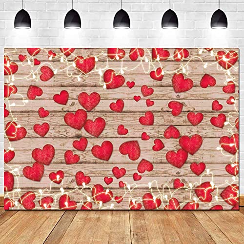 HQM Vintage Rustic Wood Glitter Glow Red Love Heart Valentine's Day Theme Photography Backdrop Wedding Anniversary Bridal Shower Mother's Day Photo Background Couple Studio Shoot Props Supplies 7x5ft - Image 1