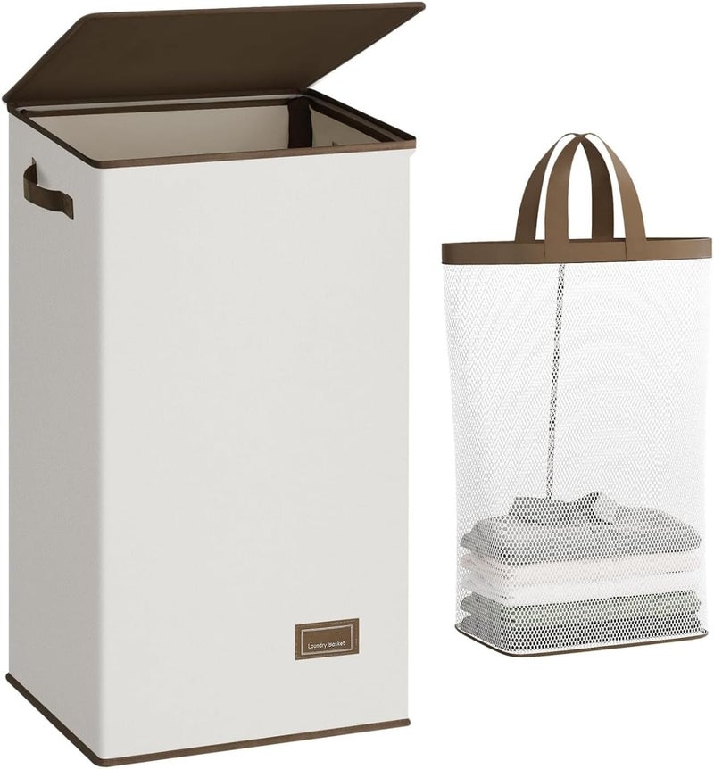 HOUSLET Laundry Hamper with Lid 100L Large & Tall Collapsible Laundry Basket, Clothes Hamper with Bag Removable Easy to Carry, Dirty Hampers for Bedroom, Bathroom, Dorm, College (Beige) - Image 1