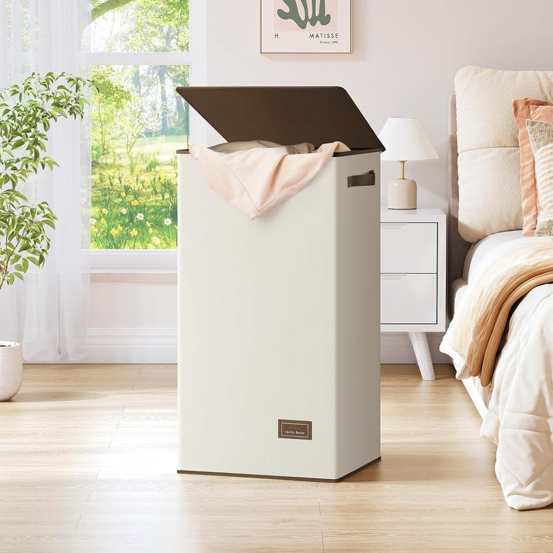 HOUSLET Laundry Hamper with Lid 100L Large & Tall Collapsible Laundry Basket, Clothes Hamper with Bag Removable Easy to Carry, Dirty Hampers for Bedroom, Bathroom, Dorm, College (Beige) - Image 2