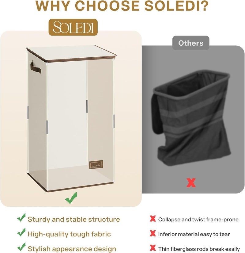 HOUSLET Laundry Hamper with Lid 100L Large & Tall Collapsible Laundry Basket, Clothes Hamper with Bag Removable Easy to Carry, Dirty Hampers for Bedroom, Bathroom, Dorm, College (Beige) - Image 3
