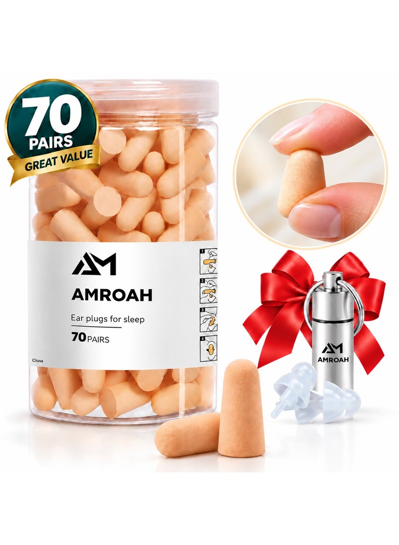 AMROAH 70 Pairs Foam Earplugs for Sleeping, 38dB Noise Reduction, Ultra Soft Comfortable Ear Plugs for Snoring, Travel, Work, Concerts & Studying - Image 1