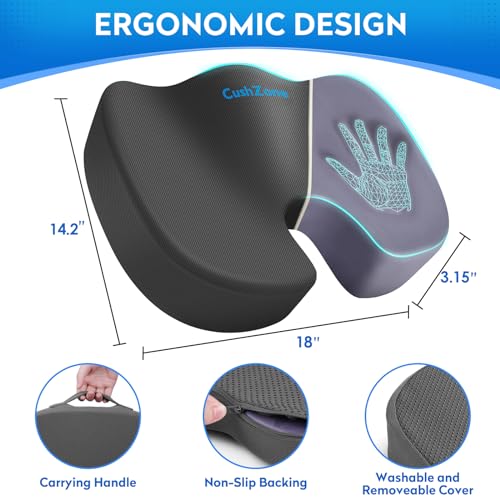 CushZone Seat Cushion, Office Chair Cushions, Car Seat Cushion, Non-Slip Sciatica & Back Coccyx Tailbone Pain Relief Chair Pad, Memory Foam Butt Pillow for Computer Desk, Wheelchair, Driving (Grey) - Image 2