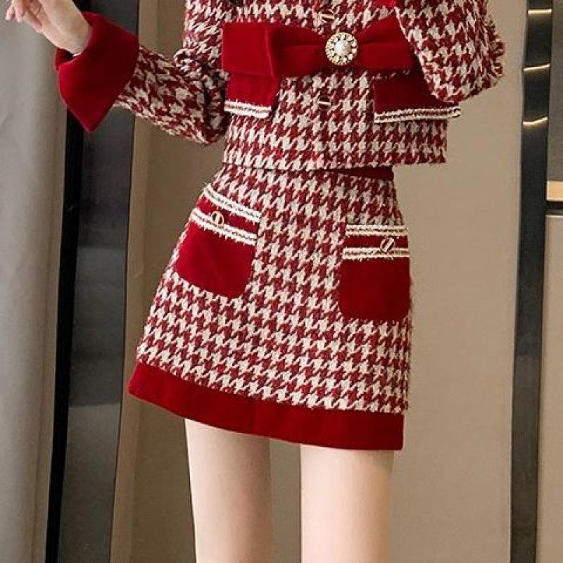 2024 spring and autumn womens red socialite xiangfeng suit feeling small dress skirt two-piece small man Single coat - Image 2