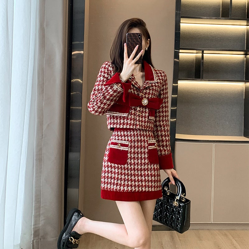 2024 spring and autumn womens red socialite xiangfeng suit feeling small dress skirt two-piece small man Single coat - Image 3