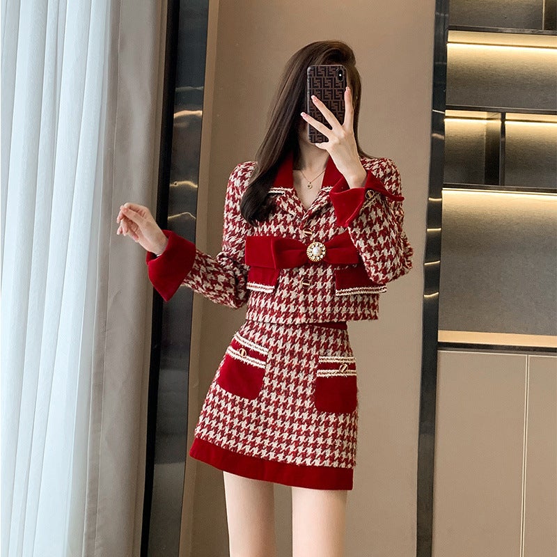 2024 spring and autumn womens red socialite xiangfeng suit feeling small dress skirt two-piece small man Single coat - Image 4
