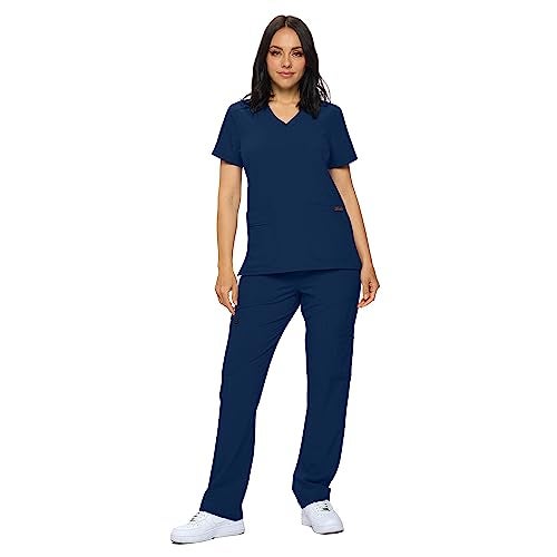 Monarch Uniforms Scrub Sets in Regular and Petite Stretchy Scrubs for Women Set of Scrub Top and Scrub pants-(NAVY BLUE)-M - Image 1