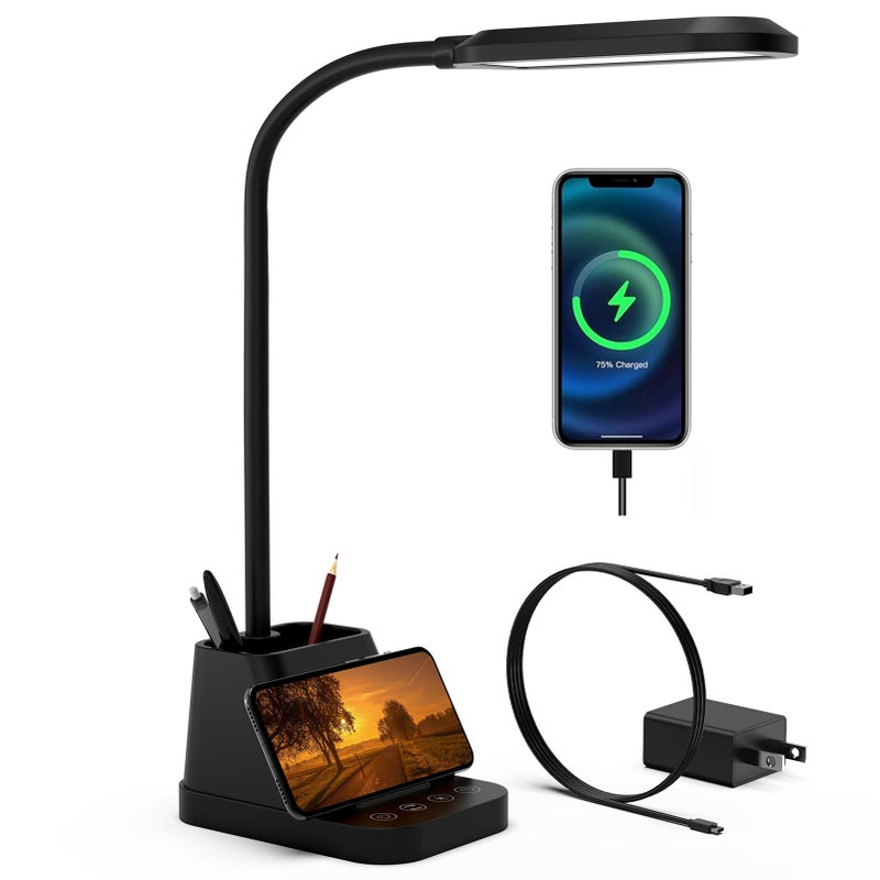 AXX LED Desk Lamp with USB Charging Port, Study Table Light for Home Office Bedrooms, Black, Flexible Gooseneck, Small, 650LM, Pen Holder, Timer Settings, School Essentials for College Dorm Room - Image 1