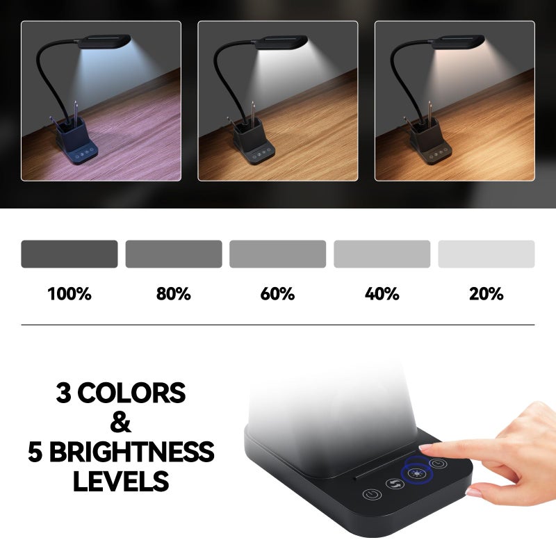 AXX LED Desk Lamp with USB Charging Port, Study Table Light for Home Office Bedrooms, Black, Flexible Gooseneck, Small, 650LM, Pen Holder, Timer Settings, School Essentials for College Dorm Room - Image 3