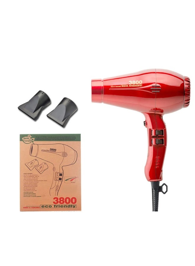 Parlux 3800 Hair Dryer Eco Friendly Ionic and Ceramic [European Plug 220V] Red 1unit - Image 2