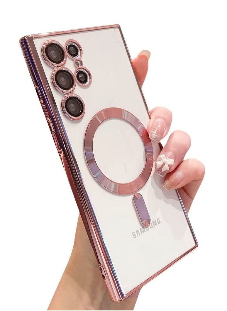 for Samsung Galaxy S23 Ultra Case Magnetic Clear with Camera Lens Protector Full Protection MagSafe Electroplated Silicone Slim Fit Shockproof Protective Case Cover - Pink - Image 1