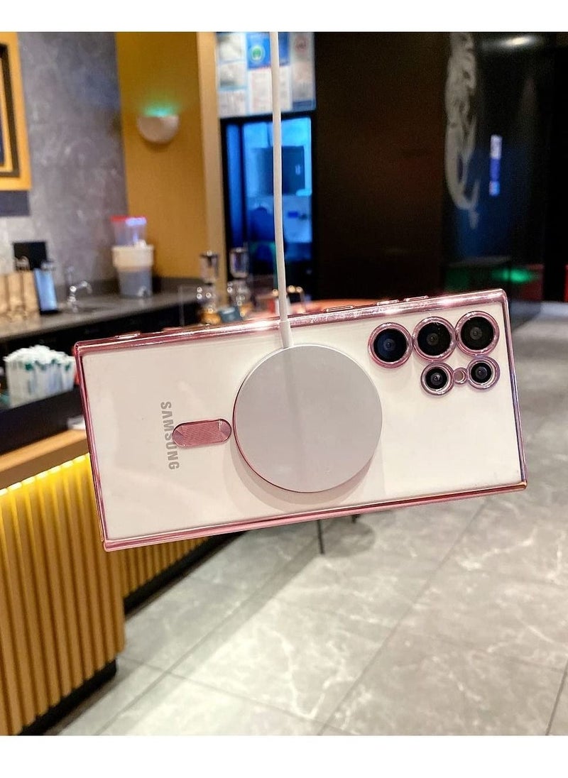 for Samsung Galaxy S23 Ultra Case Magnetic Clear with Camera Lens Protector Full Protection MagSafe Electroplated Silicone Slim Fit Shockproof Protective Case Cover - Pink - Image 3