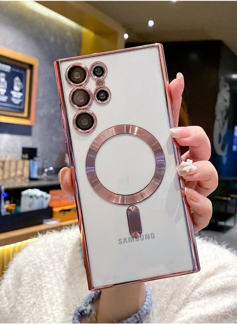 for Samsung Galaxy S23 Ultra Case Magnetic Clear with Camera Lens Protector Full Protection MagSafe Electroplated Silicone Slim Fit Shockproof Protective Case Cover - Pink - Image 2