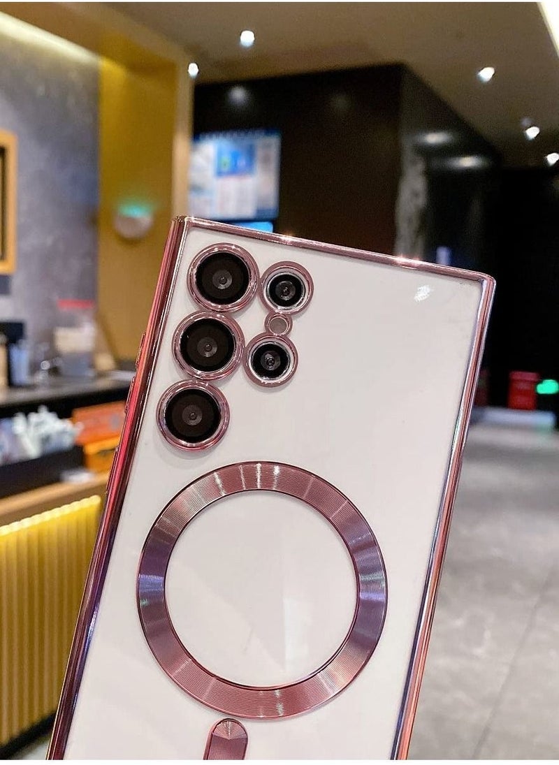 for Samsung Galaxy S23 Ultra Case Magnetic Clear with Camera Lens Protector Full Protection MagSafe Electroplated Silicone Slim Fit Shockproof Protective Case Cover - Pink - Image 4