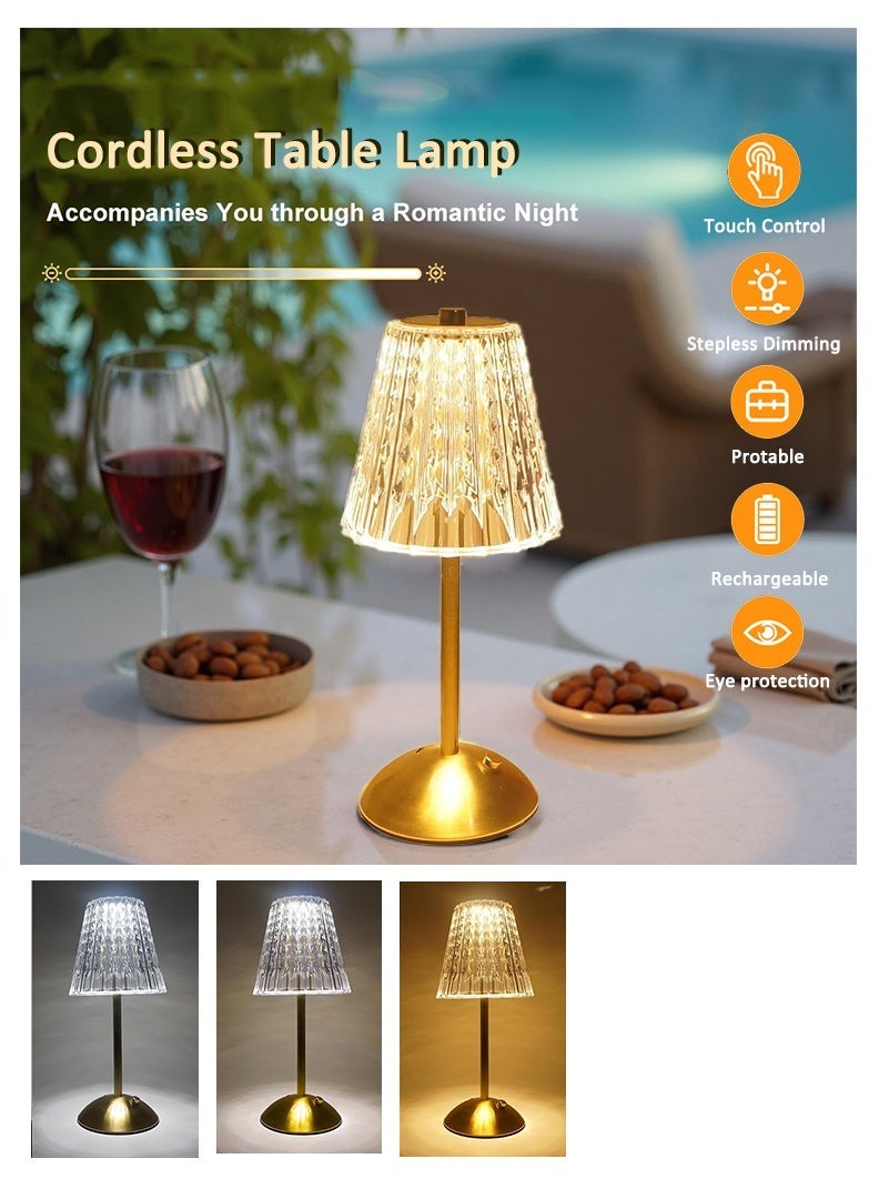 Cordless Table Lamp, Rechargeable Battery Powered Lamp, 3 Color Modes and Stepless Dimmable LED Touch Lamp, Portable Crystal Gold Metal Side Lamp for Bedroom Living Room Dining Room Outdoor - Image 1