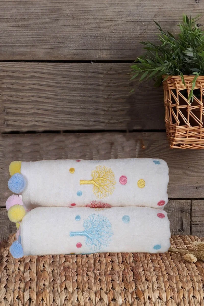 مبرا هوم 2-Piece Colorful Tree Embroidered Hand and Face Towel Set with Pompom