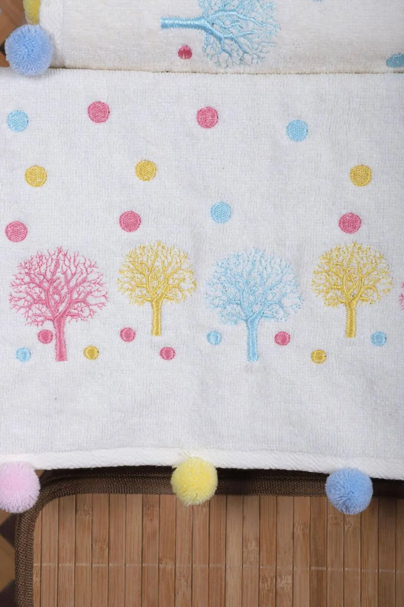 مبرا هوم 2-Piece Colorful Tree Embroidered Hand and Face Towel Set with Pompom