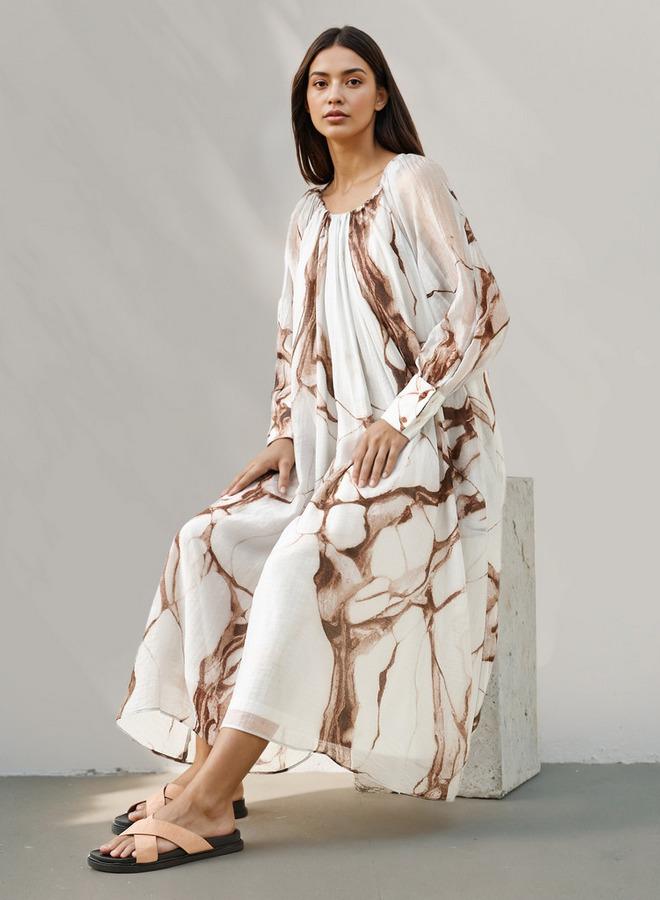 ايكونيك فستان ميدي أيقوني بطبعة رخامية مع جيوب - Image 1