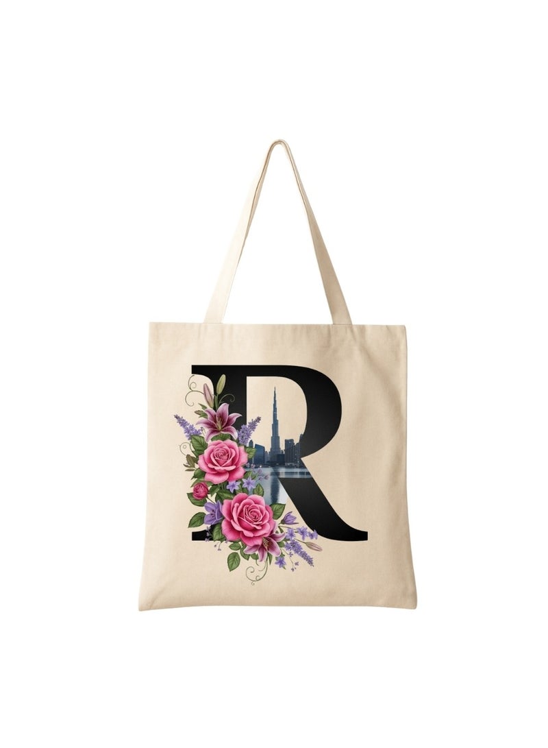 PRINTSHOP4ME Eco-Friendly Initial Tote Bag  – Canvas Shopping Bag With Floral & Dubai Skyline Print | Reusable Bridesmaid Gift,Wedding Favor,Everyday Carryall - Image 1