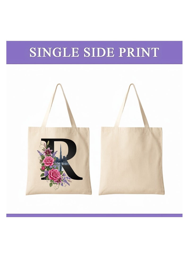 PRINTSHOP4ME Eco-Friendly Initial Tote Bag  – Canvas Shopping Bag With Floral & Dubai Skyline Print | Reusable Bridesmaid Gift,Wedding Favor,Everyday Carryall - Image 2