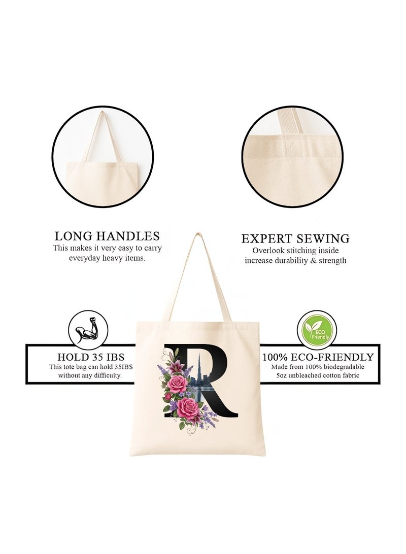 PRINTSHOP4ME Eco-Friendly Initial Tote Bag  – Canvas Shopping Bag With Floral & Dubai Skyline Print | Reusable Bridesmaid Gift,Wedding Favor,Everyday Carryall - Image 4