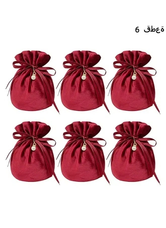 Generic 6 Pcs Velvet Bags, Round Bottom Drawstring Velvet Cloth Gift Pouches Jewelry Candy Gift Bags with Imitation Pearl Charm for Wedding Birthday Party Favors - Red  - Image 1