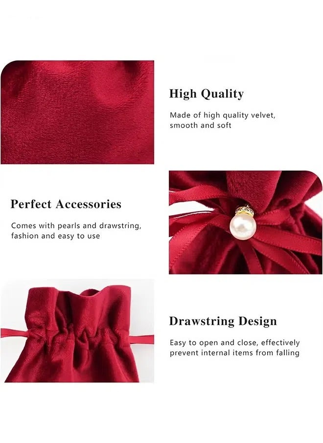 Generic 6 Pcs Velvet Bags, Round Bottom Drawstring Velvet Cloth Gift Pouches Jewelry Candy Gift Bags with Imitation Pearl Charm for Wedding Birthday Party Favors - Red  - Image 4