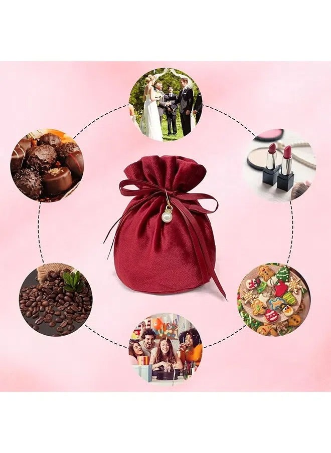 Generic 6 Pcs Velvet Bags, Round Bottom Drawstring Velvet Cloth Gift Pouches Jewelry Candy Gift Bags with Imitation Pearl Charm for Wedding Birthday Party Favors - Red  - Image 5