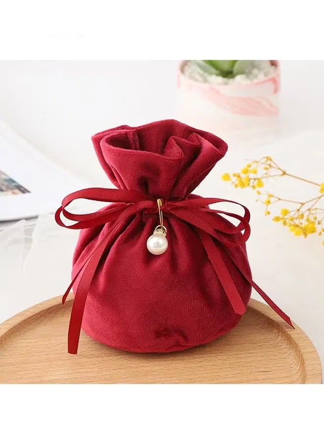 Generic 6 Pcs Velvet Bags, Round Bottom Drawstring Velvet Cloth Gift Pouches Jewelry Candy Gift Bags with Imitation Pearl Charm for Wedding Birthday Party Favors - Red  - Image 3