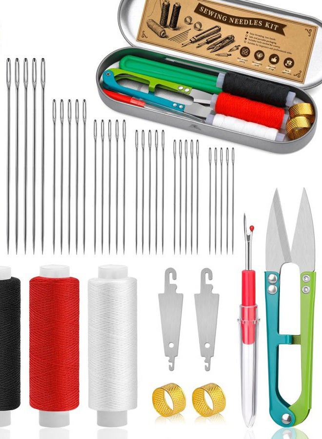 FOUSNOW Big Eye Steel Sewing Needles Kit 42 Pieces for Hand Sewing 6 Sizes Steel Needles Needle Thread Sewing Kit Sewing Ripper Threader Storage Box Supplies for Repairing Quilting Embroidery Crafts - Image 1