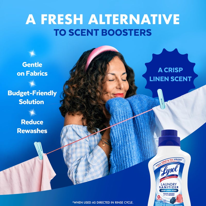 Lysol Disinfectant Laundry Sanitizer & Scent Booster, Laundry Detergent Additive, Color Safe Bleach Alternative, Laundry Odor Eliminator, Kills Bacteria & Viruses, Crisp Linen Scent, 41 Fl Oz Liquid - Image 4