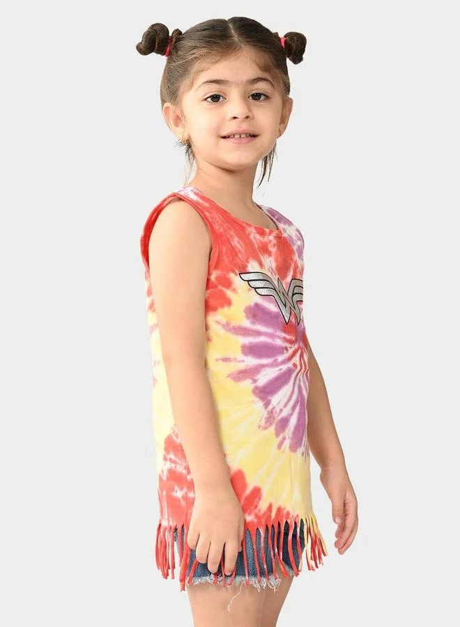 Bonkids Regular Fit Printed Tie And And And Dye Cotton T-Shirt For Girls Round Neck Flat Collar Pull On 100 % Cotton