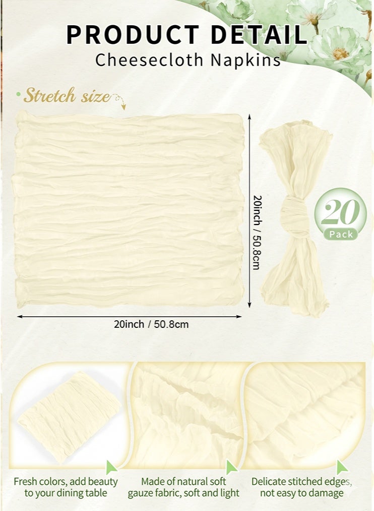 20 Pack Beige Cheesecloth Napkins Boho Washable Cloth Napkins Set of 20 Wrinkled Cheese Cloth Napkins Gauze Dinner Table Napkin for Wedding Party Baby Shower Birthday Decor 50*50CM - Image 2
